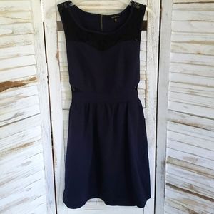 Max and Riley sleeveless mini navy blue dress with black lace accent tie back